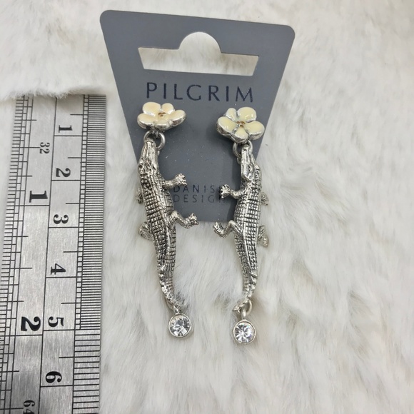Silvertone White Enamel Crystal Alligator Earrings - Picture 8 of 8